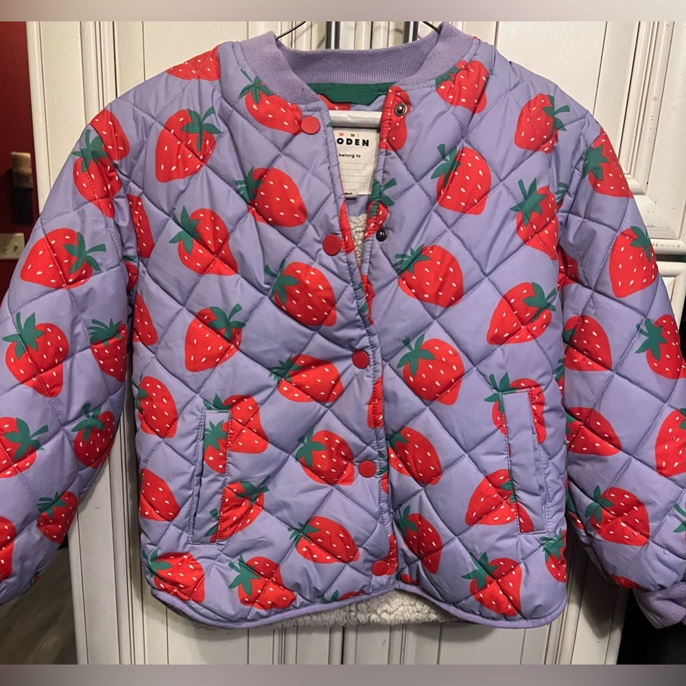 Boden Kids' Strawberry Print Quilted Bomber Jacket 7-8